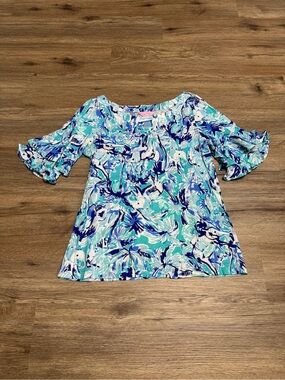 Lilly Pulitzer Aqua, Teal & Navy Floral Ruffle-Sleeve Tunic